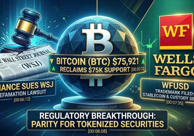 Bitcoin pushes toward $75,000 — Binance sues Wall Street Journal, Wells Fargo files WFUSD stablecoin trademark,