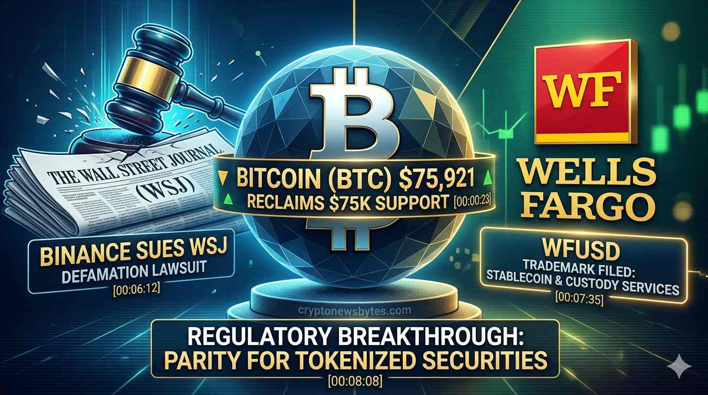Bitcoin pushes toward $75,000 — Binance sues Wall Street Journal, Wells Fargo files WFUSD stablecoin trademark,