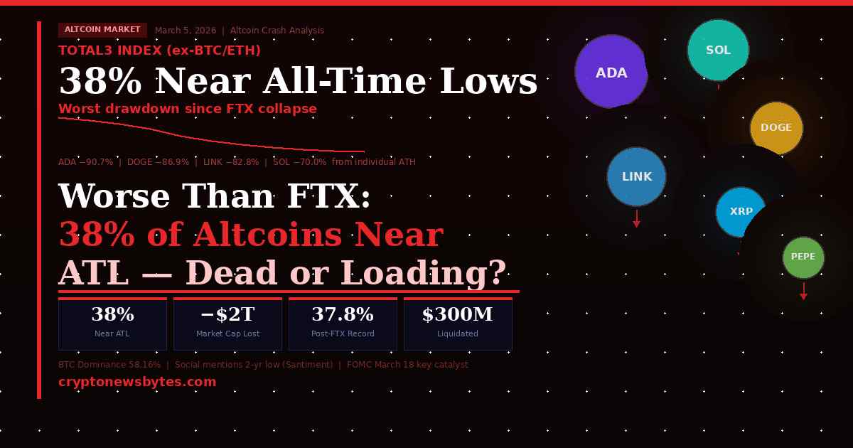 Altcoin crash 2026 ADA SOL DOGE LINK XRP PEPE near all time lows 38 percent worse than FTX bottom analysis