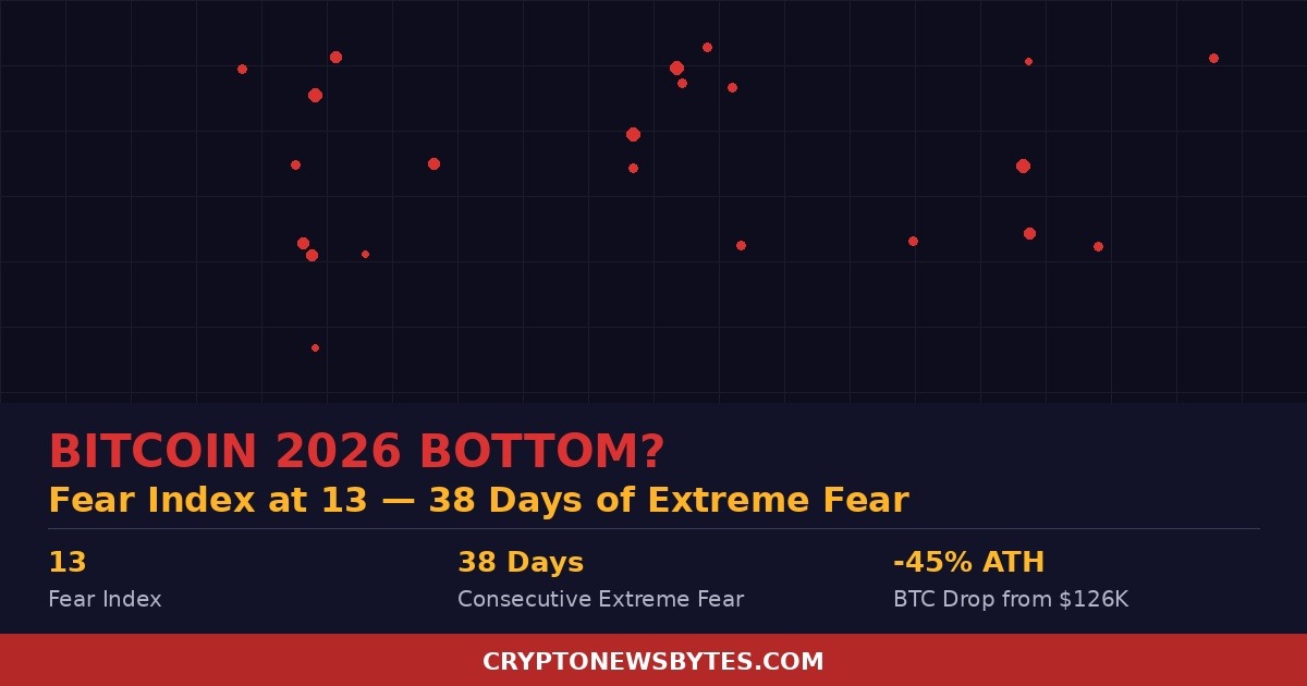 Bitcoin 2026 bottom analysis Fear and Greed Index at 13 extreme fear 38 consecutive days BTC price $69K