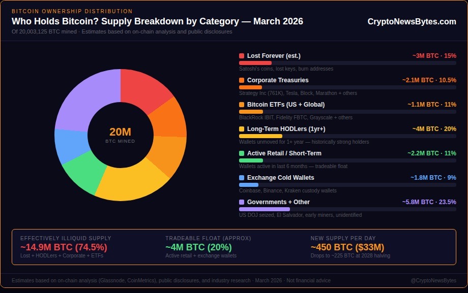 Bitcoin supply distribution by holder category March 2026 — lost coins, corporate treasuries, ETFs, HODLers, exchange wallets