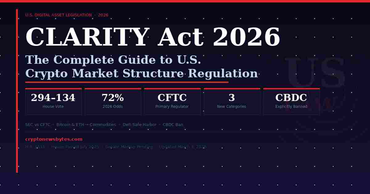 CLARITY Act 2026 crypto regulation infographic showing House vote 294-134, CFTC jurisdiction over Bitcoin and Ethereum, SEC vs CFTC split, DeFi safe harbor, and U.S. digital asset market structure bill status