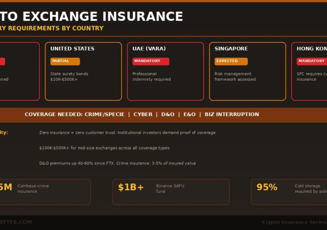 Crypto exchange insurance requirements by country in 2026 showing five jurisdiction cards for EU MiCA marked as equivalent requirement United States marked partial with surety bonds UAE VARA marked mandatory Singapore marked expected and Hong Kong marked mandatory plus statistics showing 3.1 billion dollars in H1 2025 crypto losses 255 million dollar maximum Japan reserve requirement 1 billion dollar plus Binance SAFU fund and 8 plus jurisdictions with requirements