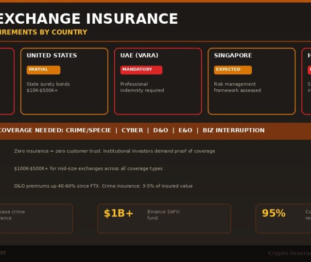 Crypto exchange insurance requirements by country in 2026 showing five jurisdiction cards for EU MiCA marked as equivalent requirement United States marked partial with surety bonds UAE VARA marked mandatory Singapore marked expected and Hong Kong marked mandatory plus statistics showing 3.1 billion dollars in H1 2025 crypto losses 255 million dollar maximum Japan reserve requirement 1 billion dollar plus Binance SAFU fund and 8 plus jurisdictions with requirements