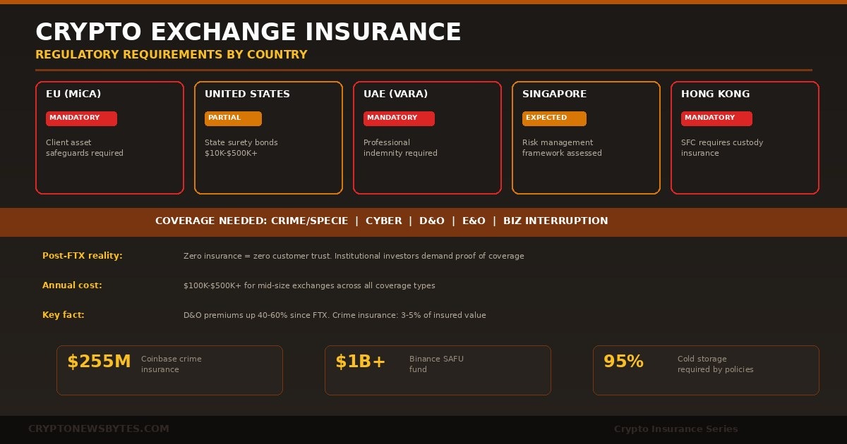 Crypto Exchange Insurance Requirements by Country in 2026 Showing Five Jurisdiction Cards for Eu Mica Marked As Equivalent Requirement United States Marked Partial with Surety Bonds Uae Vara Marked Mandatory Singapore Marked Expected and Hong Kong Marked Mandatory Plus Statistics Showing 31 Billion Dollars in H1 2025 Crypto Losses 255 Million Dollar Maximum Japan Reserve Requirement 1 Billion Dollar Plus Binance Safu Fund and 8 Plus Jurisdictions with Requirements  Cryptonewsbytes