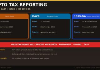 Crypto tax reporting 2026 guide showing three frameworks CARF covering 48 plus countries DAC8 covering 27 EU states and IRS Form 1099-DA for United States with data collection timelines reporting deadlines and what gets reported to tax authorities