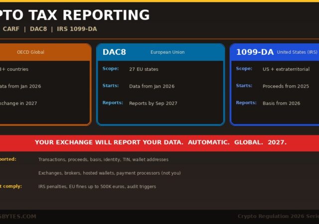 Crypto tax reporting 2026 guide showing three frameworks CARF covering 48 plus countries DAC8 covering 27 EU states and IRS Form 1099-DA for United States with data collection timelines reporting deadlines and what gets reported to tax authorities