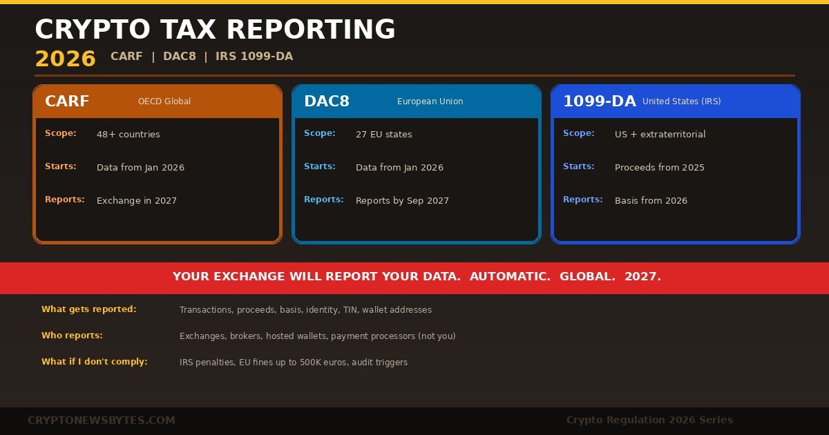 Crypto tax reporting 2026 guide showing three frameworks CARF covering 48 plus countries DAC8 covering 27 EU states and IRS Form 1099-DA for United States with data collection timelines reporting deadlines and what gets reported to tax authorities