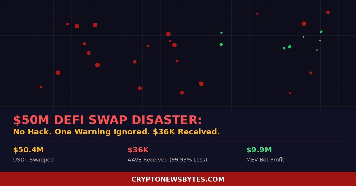 DeFi swap loss: $50 million USDT swapped for $36,297 on Aave, MEV bot profits $9.9M, March 2026