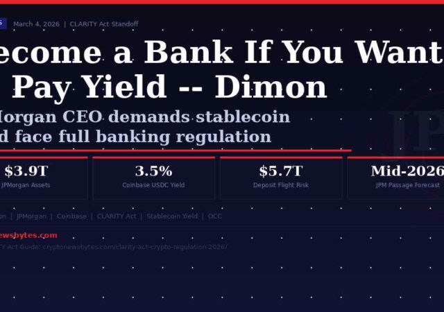 Jamie Dimon JPMorgan stablecoin yield level playing field CLARITY Act banks vs crypto regulation 2026