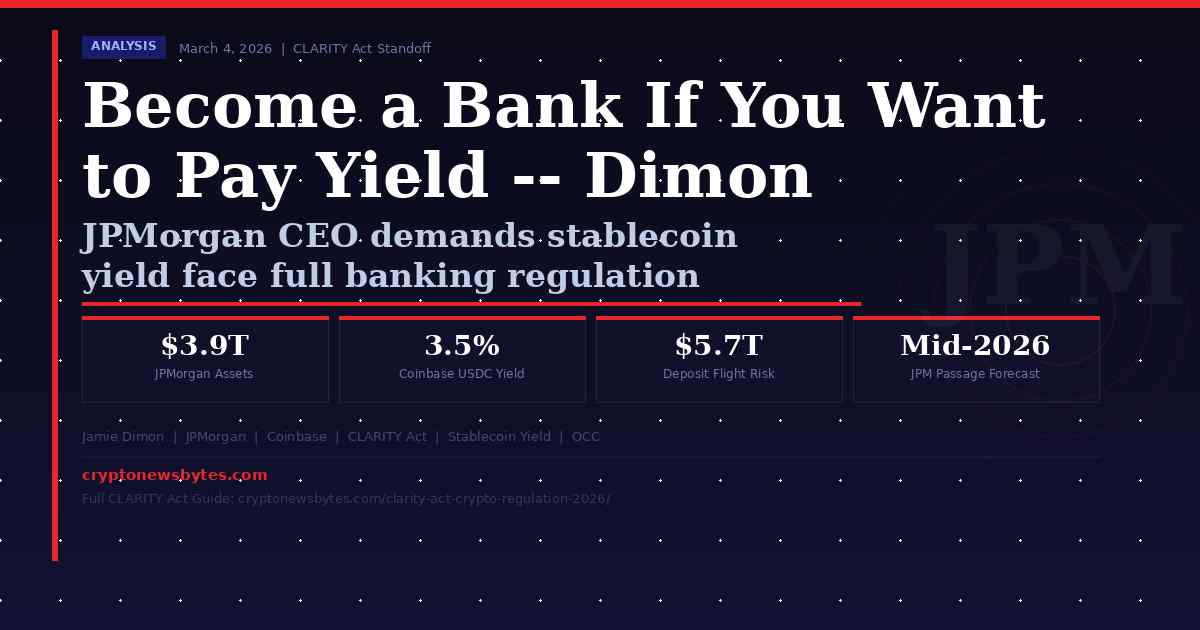 Jamie Dimon JPMorgan stablecoin yield level playing field CLARITY Act banks vs crypto regulation 2026