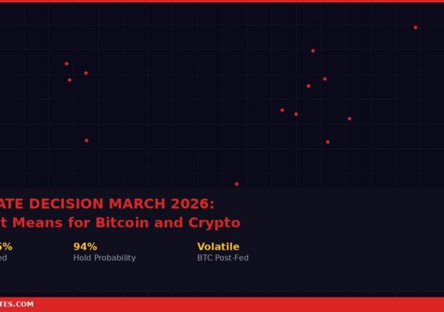 Fed rate decision March 2026 featured image showing expected hold at 3.50 to 3.75 percent with 94 percent probability and volatile Bitcoin post FOMC reaction pattern