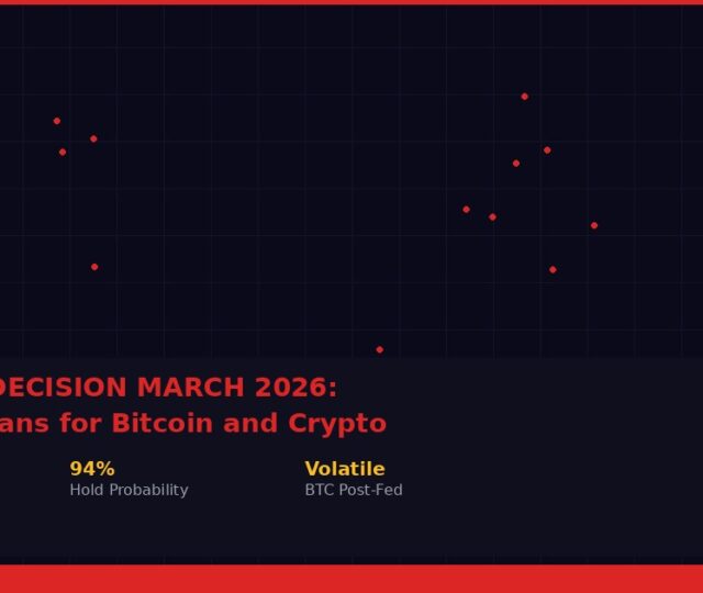 Fed rate decision March 2026 featured image showing expected hold at 3.50 to 3.75 percent with 94 percent probability and volatile Bitcoin post FOMC reaction pattern