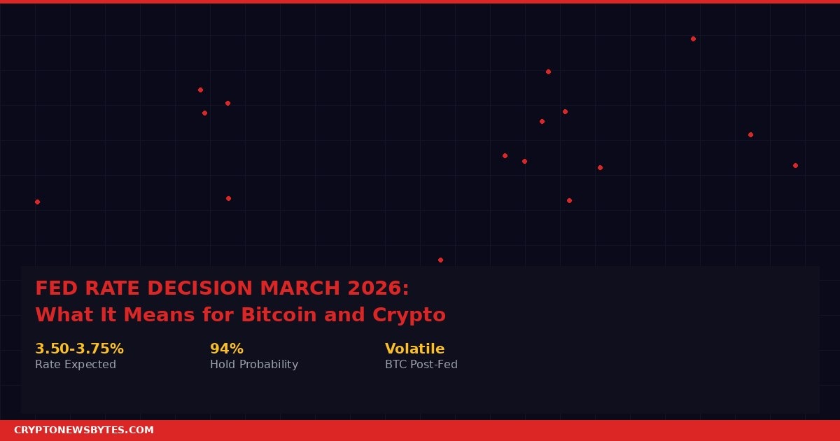 Fed rate decision March 2026 featured image showing expected hold at 3.50 to 3.75 percent with 94 percent probability and volatile Bitcoin post FOMC reaction pattern