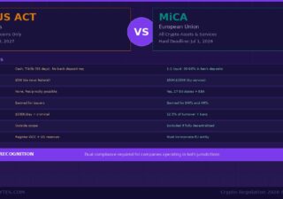 GENIUS Act vs MiCA crypto regulation comparison 2026 infographic showing side by side differences in reserves capital passporting yield penalties DeFi treatment and foreign issuer rules between United States and European Union frameworks with no mutual recognition banner
