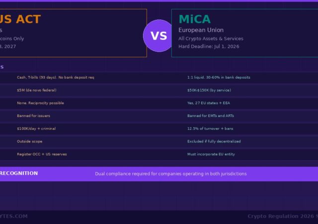 GENIUS Act vs MiCA crypto regulation comparison 2026 infographic showing side by side differences in reserves capital passporting yield penalties DeFi treatment and foreign issuer rules between United States and European Union frameworks with no mutual recognition banner
