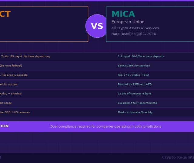 GENIUS Act vs MiCA crypto regulation comparison 2026 infographic showing side by side differences in reserves capital passporting yield penalties DeFi treatment and foreign issuer rules between United States and European Union frameworks with no mutual recognition banner