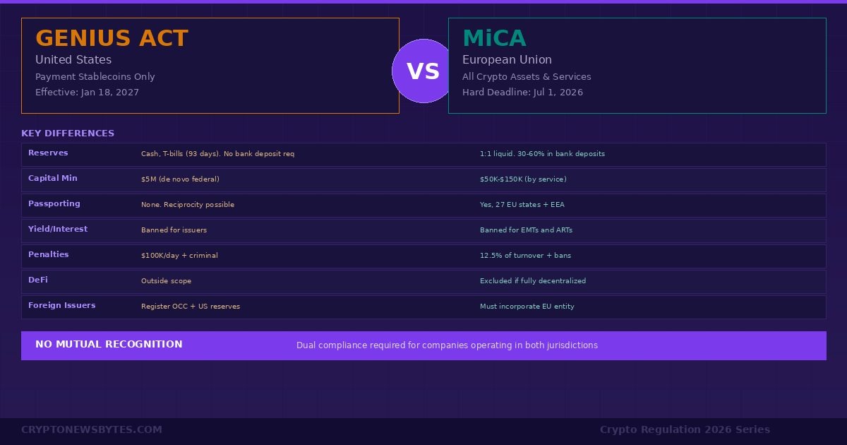 GENIUS Act vs MiCA crypto regulation comparison 2026 infographic showing side by side differences in reserves capital passporting yield penalties DeFi treatment and foreign issuer rules between United States and European Union frameworks with no mutual recognition banner