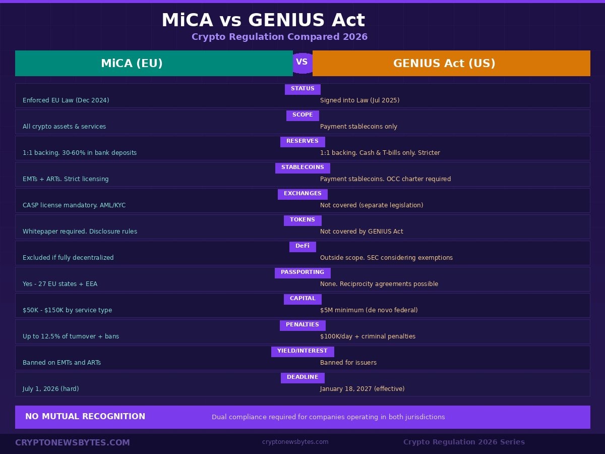 GENIUS Act vs MiCA crypto regulation comparison infographic showing 12 key differences including status scope reserves stablecoins exchanges tokens DeFi passporting capital penalties yield and deadlines for 2026