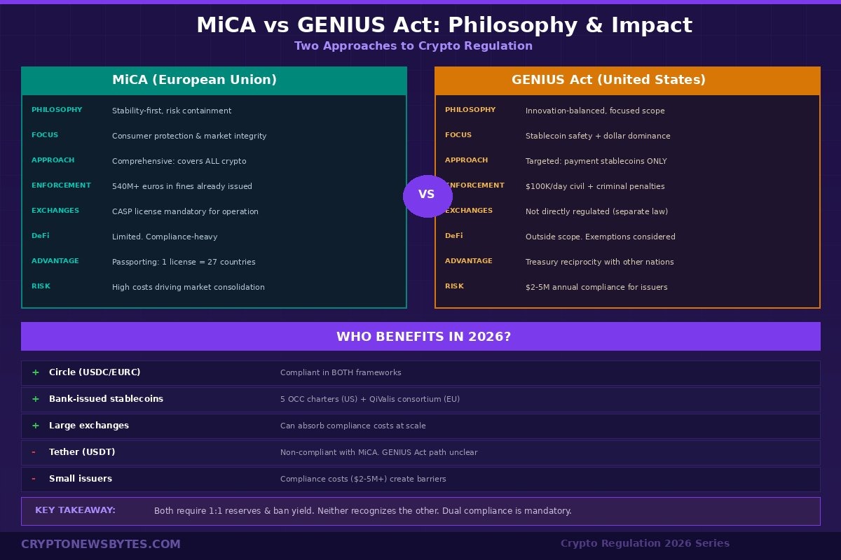 MiCA vs GENIUS Act philosophy and impact infographic showing EU stability first approach versus US innovation balanced approach and who benefits in 2026 including Circle USDC bank stablecoins and Tether USDT compliance status