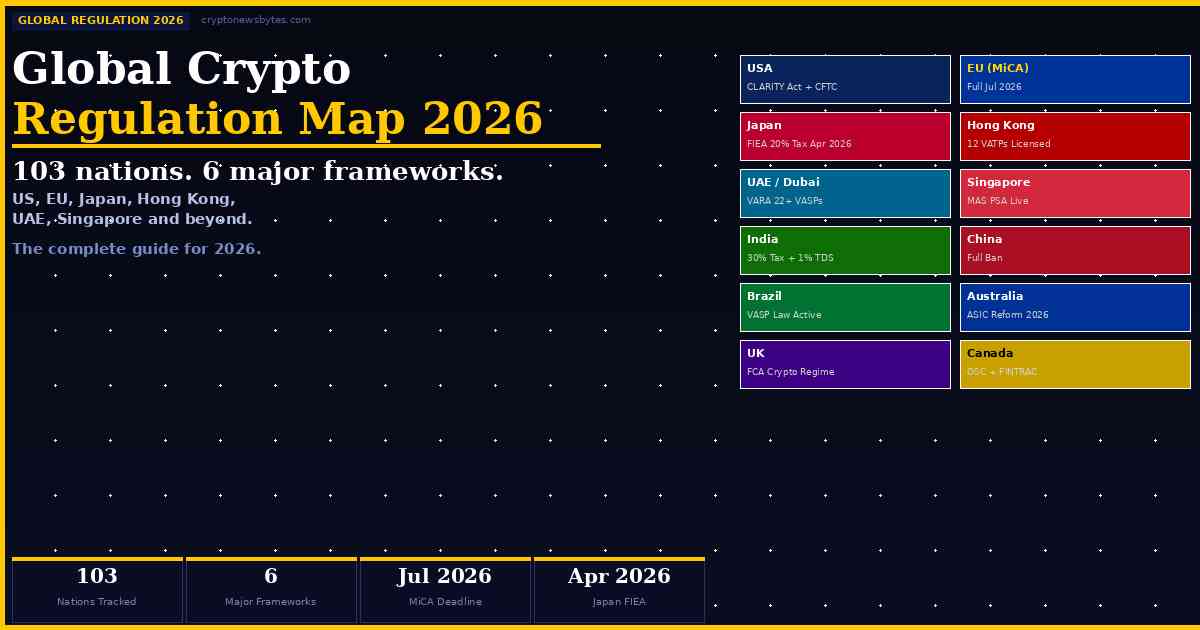 Global crypto regulation map 2026 showing US EU Japan Hong Kong UAE Singapore frameworks compared