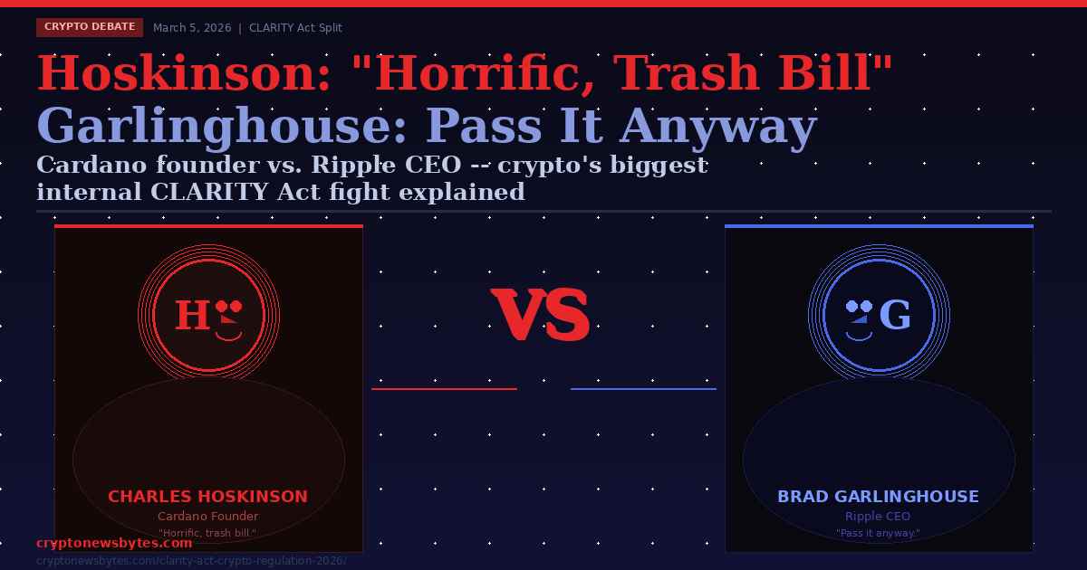 Charles Hoskinson Cardano vs Brad Garlinghouse Ripple CLARITY Act debate horrific trash bill 2026