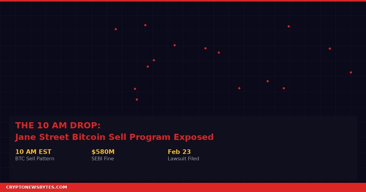 Jane Street Bitcoin sell program 10 AM drop featured image showing dark surveillance grid with red nodes and statistics including 10 AM EST sell pattern and 580 million dollar SEBI fine and February 23 lawsuit filing date from Glassnode co-founders Negentropic allegations