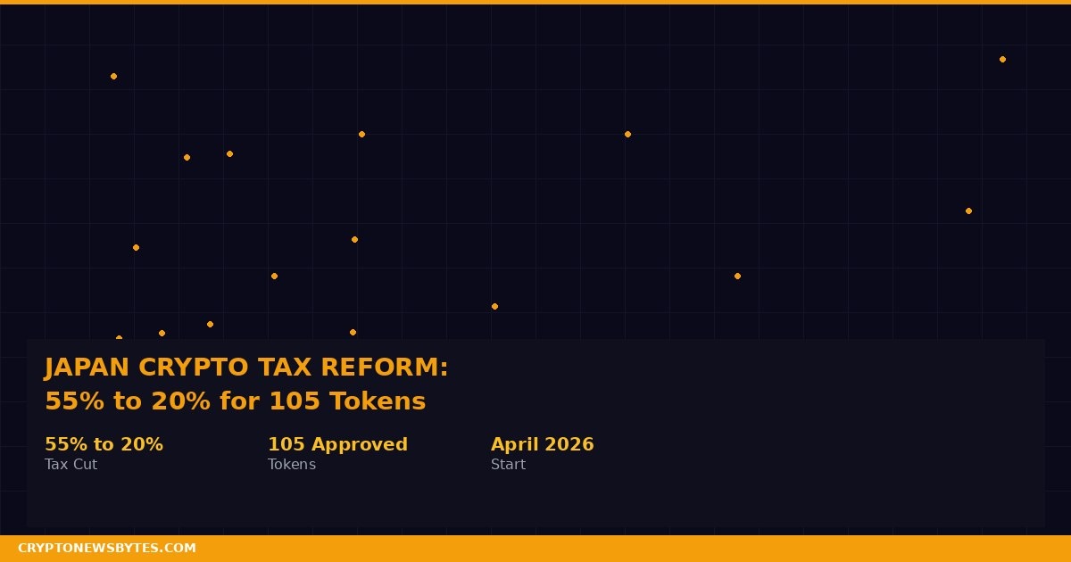Japan crypto tax reform 2026 featured image showing tax cut from 55 percent to flat 20 percent for 105 approved tokens starting April 2026 under FSA reclassification