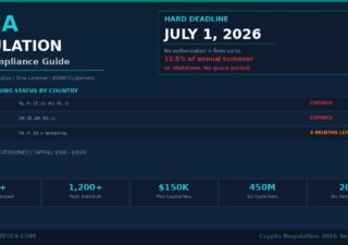 MiCA regulation crypto 2026 compliance guide infographic showing July 1 2026 hard deadline, grandfathering status by country with expired and 4 months left markers, and key stats including 40 plus licenses issued, 1200 businesses must transition, $150K capital requirement, and 450M EU customers