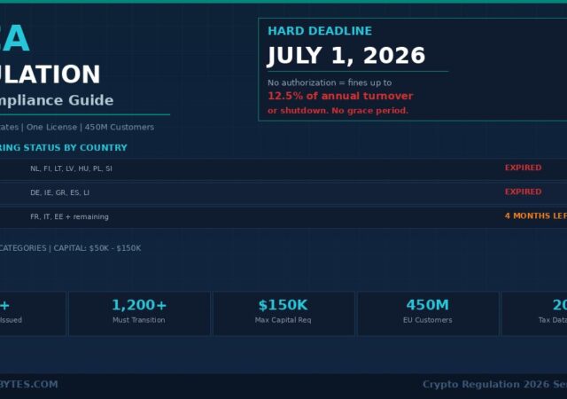 MiCA regulation crypto 2026 compliance guide infographic showing July 1 2026 hard deadline, grandfathering status by country with expired and 4 months left markers, and key stats including 40 plus licenses issued, 1200 businesses must transition, $150K capital requirement, and 450M EU customers