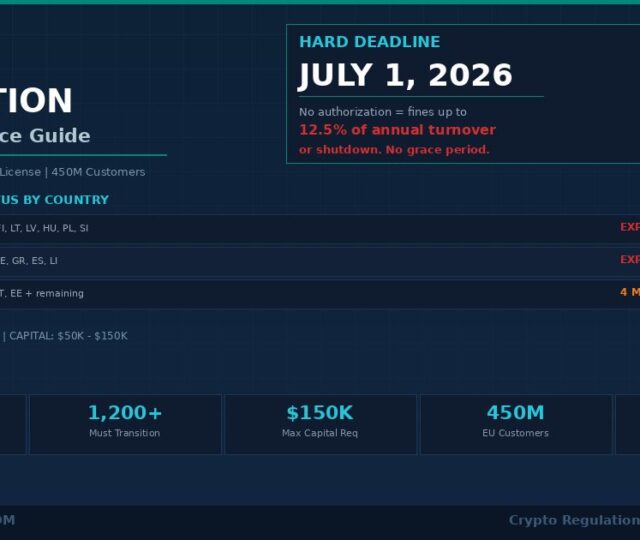 MiCA regulation crypto 2026 compliance guide infographic showing July 1 2026 hard deadline, grandfathering status by country with expired and 4 months left markers, and key stats including 40 plus licenses issued, 1200 businesses must transition, $150K capital requirement, and 450M EU customers