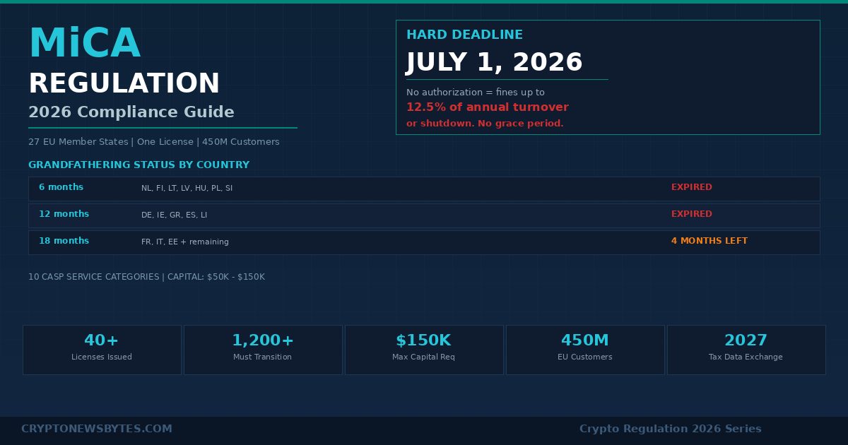 MiCA regulation crypto 2026 compliance guide infographic showing July 1 2026 hard deadline, grandfathering status by country with expired and 4 months left markers, and key stats including 40 plus licenses issued, 1200 businesses must transition, $150K capital requirement, and 450M EU customers