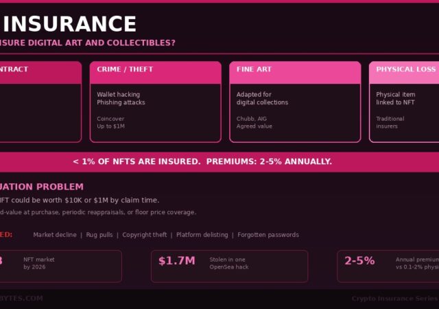 NFT insurance guide for 2026 showing digital art collectibles with seven provider cards for Evertas with 420 million dollar Lloyd's backed capacity Nexus Mutual with 285 million TVL InsurAce with 150 million TVL OpenCover parametric Coinbase Custody with 320 million plus Coincover wallet protection and FairSide theft focused plus statistics showing 2.8 billion NFT market cap 650 thousand NFTs at risk from Nifty Gateway shutdown and less than 1 percent of digital assets insured