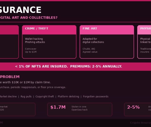 NFT insurance guide for 2026 showing digital art collectibles with seven provider cards for Evertas with 420 million dollar Lloyd's backed capacity Nexus Mutual with 285 million TVL InsurAce with 150 million TVL OpenCover parametric Coinbase Custody with 320 million plus Coincover wallet protection and FairSide theft focused plus statistics showing 2.8 billion NFT market cap 650 thousand NFTs at risk from Nifty Gateway shutdown and less than 1 percent of digital assets insured