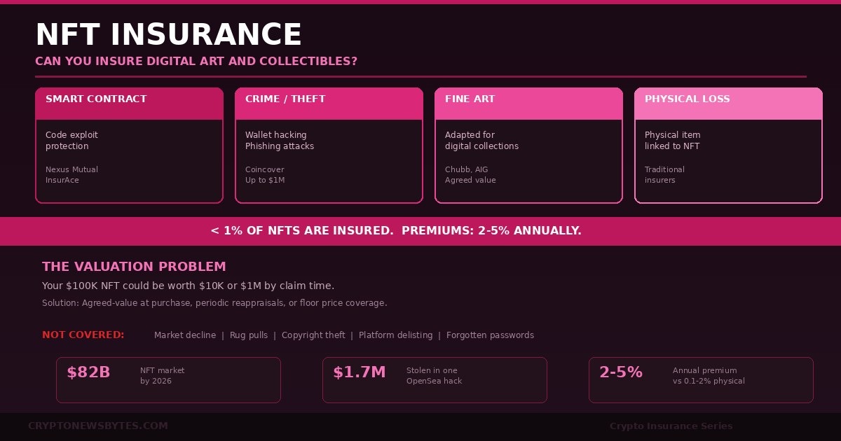NFT insurance guide for 2026 showing digital art collectibles with seven provider cards for Evertas with 420 million dollar Lloyd's backed capacity Nexus Mutual with 285 million TVL InsurAce with 150 million TVL OpenCover parametric Coinbase Custody with 320 million plus Coincover wallet protection and FairSide theft focused plus statistics showing 2.8 billion NFT market cap 650 thousand NFTs at risk from Nifty Gateway shutdown and less than 1 percent of digital assets insured