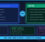 SEC vs CFTC crypto jurisdiction split infographic showing CLARITY Act division of responsibilities with SEC covering securities and investment contracts and CFTC covering digital commodities and spot markets plus Project Crypto and token taxonomy details