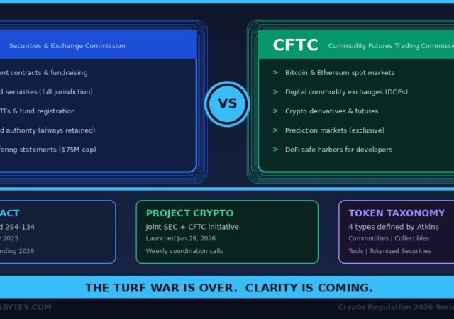 SEC vs CFTC crypto jurisdiction split infographic showing CLARITY Act division of responsibilities with SEC covering securities and investment contracts and CFTC covering digital commodities and spot markets plus Project Crypto and token taxonomy details