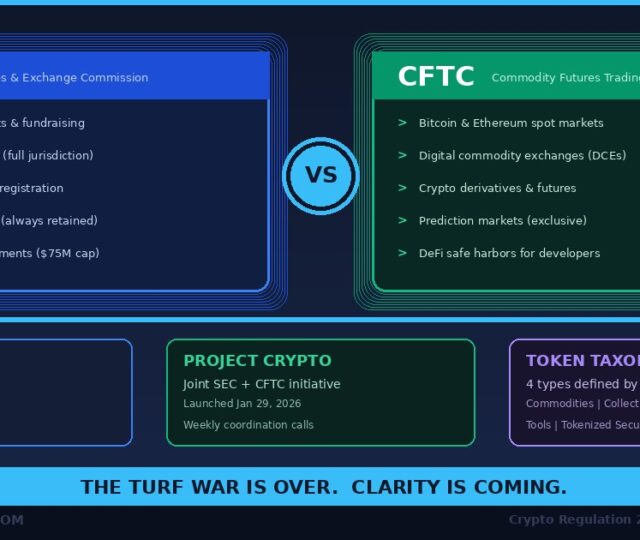 SEC vs CFTC crypto jurisdiction split infographic showing CLARITY Act division of responsibilities with SEC covering securities and investment contracts and CFTC covering digital commodities and spot markets plus Project Crypto and token taxonomy details