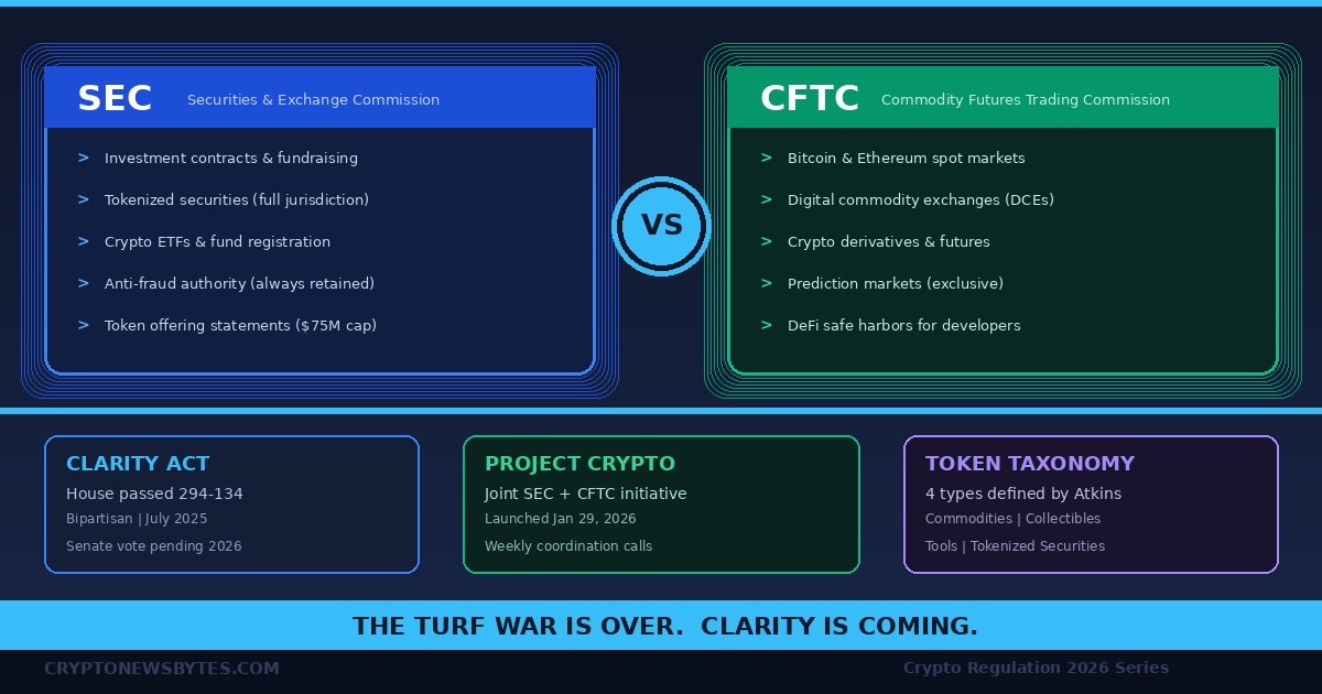 SEC vs CFTC crypto jurisdiction split infographic showing CLARITY Act division of responsibilities with SEC covering securities and investment contracts and CFTC covering digital commodities and spot markets plus Project Crypto and token taxonomy details