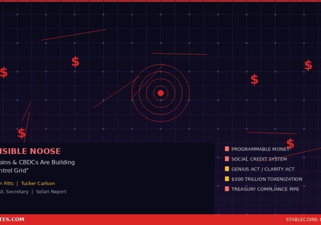 Programmable money and stablecoins control grid featured image showing dark digital surveillance network with red connection nodes and dollar signs from Catherine Austin Fitts and Tucker Carlson discussion on how programmable money through the GENIUS Act and Clarity Act enables real time financial surveillance and social credit system
