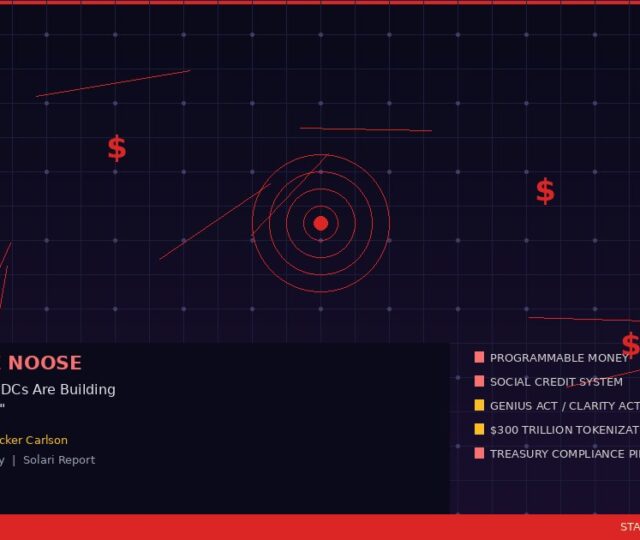 Programmable money and stablecoins control grid featured image showing dark digital surveillance network with red connection nodes and dollar signs from Catherine Austin Fitts and Tucker Carlson discussion on how programmable money through the GENIUS Act and Clarity Act enables real time financial surveillance and social credit system