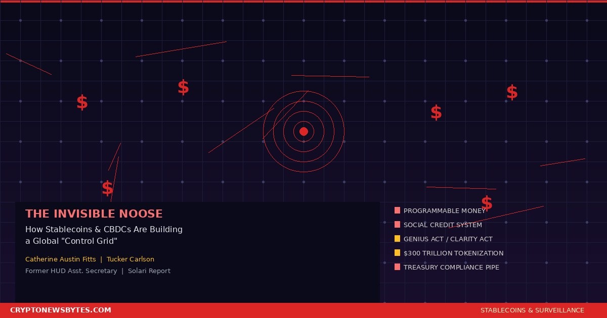 stablecoins-control-grid-featured – CRYPTONEWSBYTES.COM Programmable money and stablecoins control grid featured image showing dark digital surveillance network with red connection nodes and dollar signs from Catherine Austin Fitts and Tucker Carlson discussion on how programmable money through the GENIUS Act and Clarity Act enables real time financial surveillance and social credit system