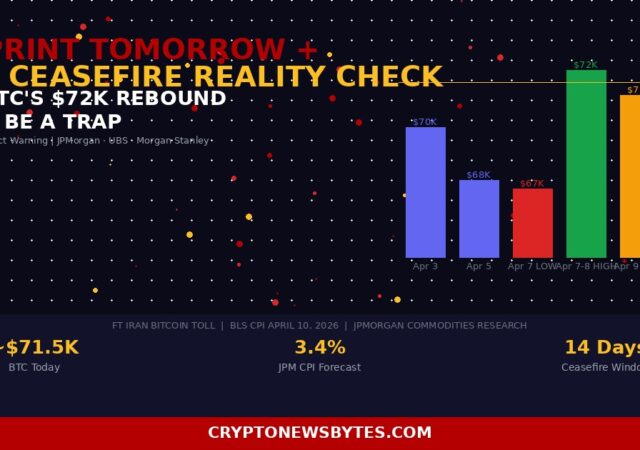 Bitcoin $72k Rebound Chart on Iran Ceasefire Day with Strait of Hormuz Crypto Toll and March Cpi April 10 2026 Wall Street Warning Overlay  Cryptonewsbytes