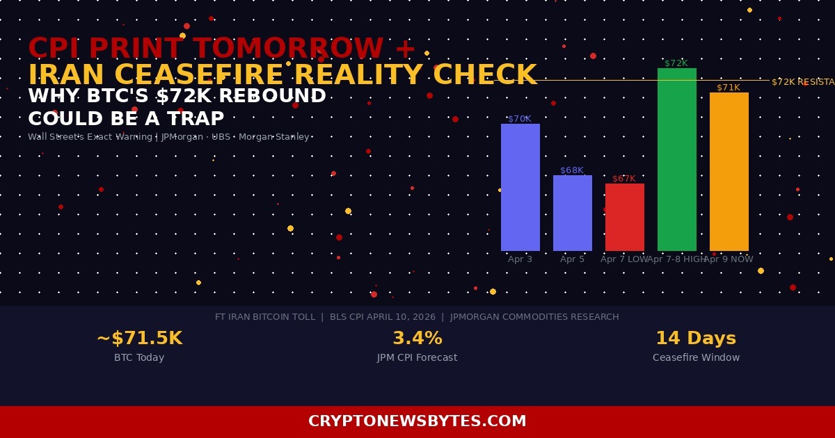 Bitcoin $72k Rebound Chart on Iran Ceasefire Day with Strait of Hormuz Crypto Toll and March Cpi April 10 2026 Wall Street Warning Overlay  Cryptonewsbytes