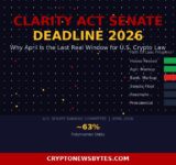 Senate Banking Committee chamber with CLARITY Act crypto bill deadline timeline overlay, April 2026