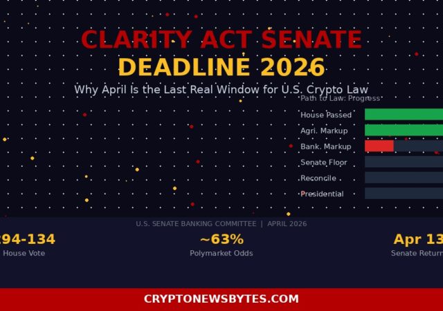 Senate Banking Committee Chamber with Clarity Act Crypto Bill Deadline Timeline Overlay April 2026  Cryptonewsbytes