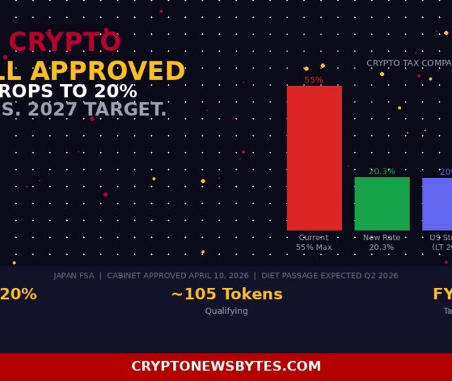 Japan Cabinet Approves Fiea Crypto Bill April 10 2026 Showing Tax Cut from 55 to 20 on 105 Approved Tokens with 2027 Implementation Timeline  Cryptonewsbytes