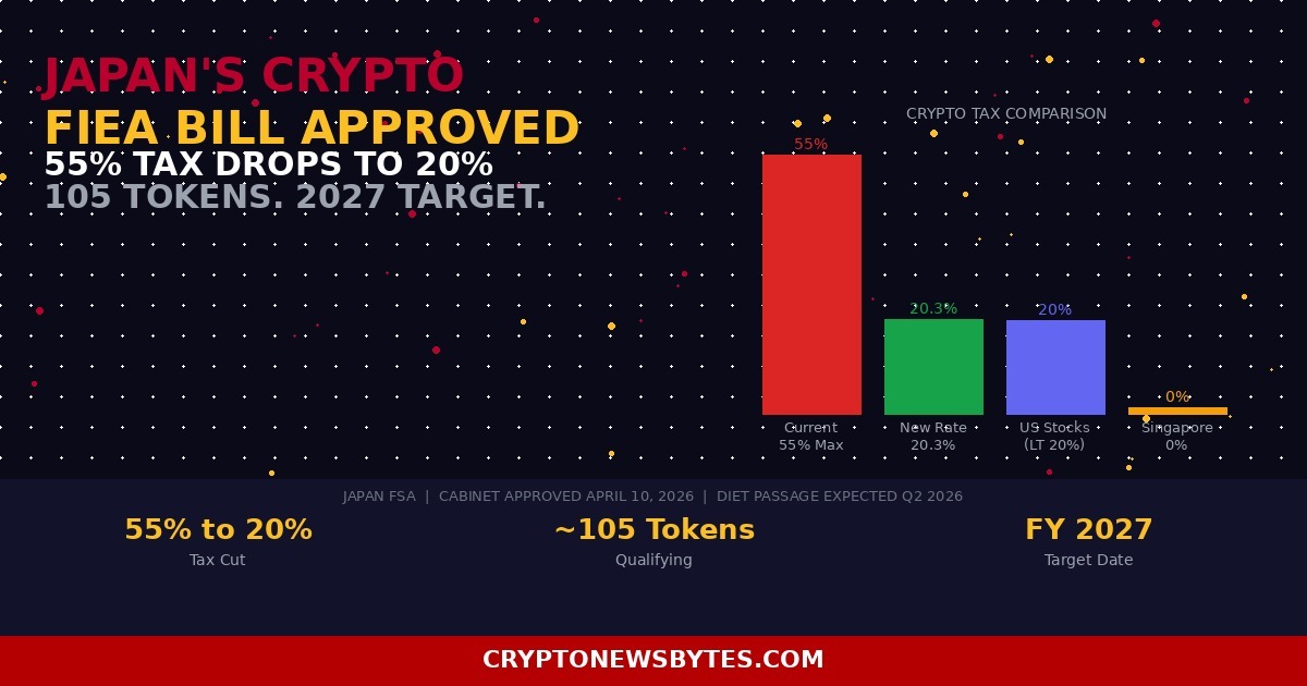 Japan Cabinet Approves Fiea Crypto Bill April 10 2026 Showing Tax Cut from 55 to 20 on 105 Approved Tokens with 2027 Implementation Timeline  Cryptonewsbytes