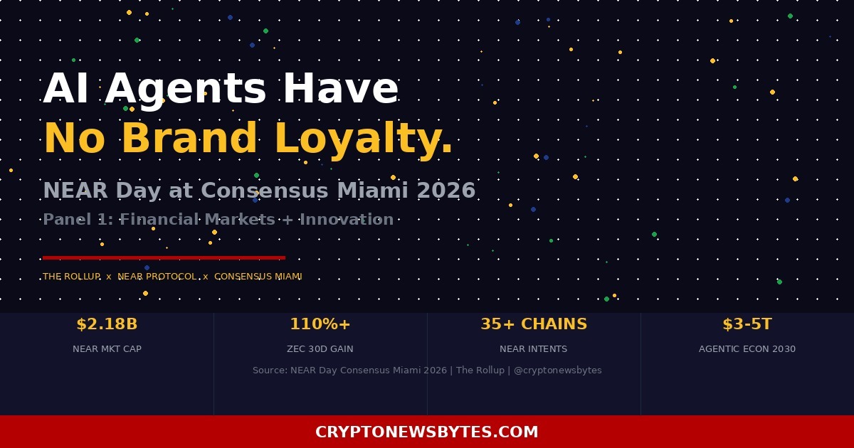 NEAR Day at Consensus Miami 2026 panel discussion on AI agents and financial markets featuring speakers from Starknet Foundation, Bridge, Proximity, and MoonPay