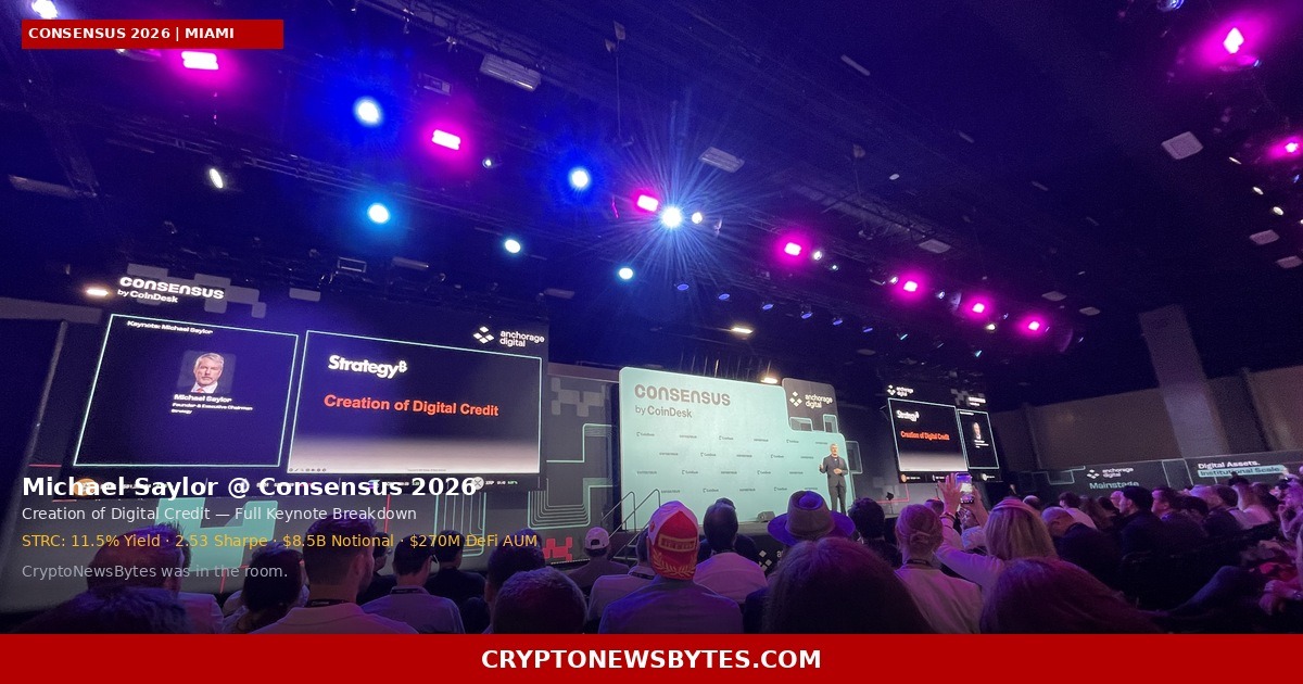 saylor-consensus-2026-strategy-digital-credit-keynote-featured – CryptoNewsBytes Michael Saylor Presenting Bitcoin Vs Traditional Banking Performance Data at Consensus 2026 Miami Cryptonewsbytes